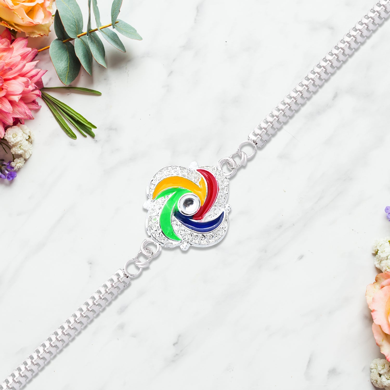 Stylish Silver Rakhi With Colorful Feather Detailing And Metal Chain Stylish Silver Rakhi With Colorful Feather Detailing And Metal Chain